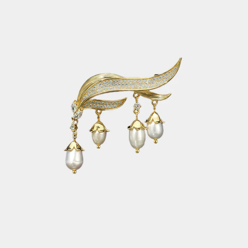 Pearl Lily of the Valley Tassel Brooch — front view of gold-tone lily-of-the-valley brooch