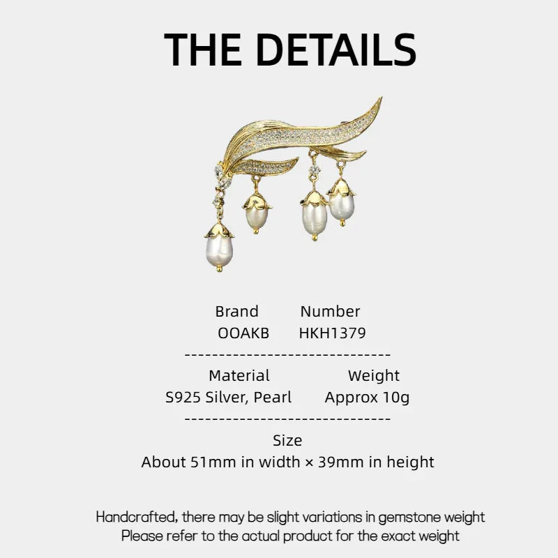 Pearl Lily of the Valley Tassel Brooch — specification card with material and size details