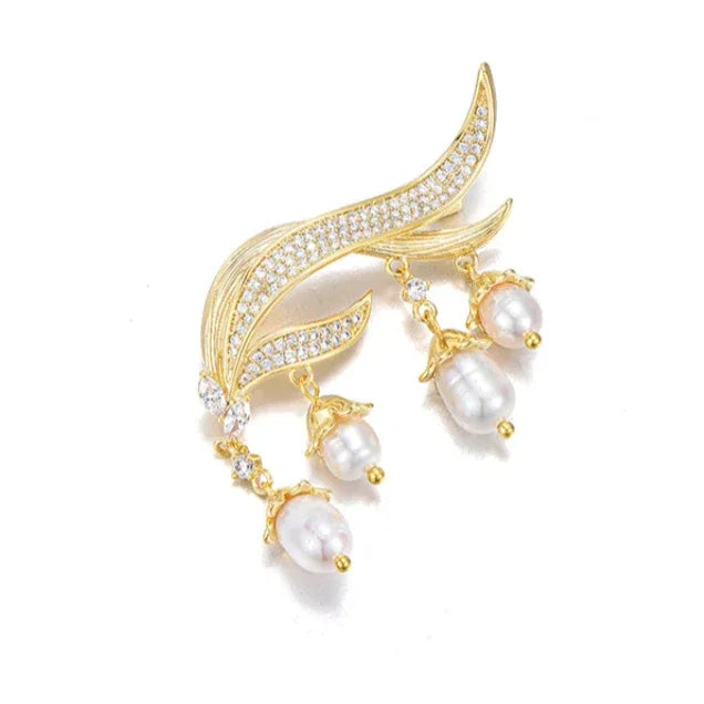 Pearl Lily of the Valley Tassel Brooch — angled product view on white