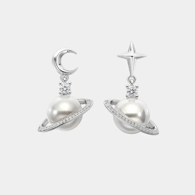 Moon and Star Pearl Planet Drop Earrings — front view of mismatched moon-and-star pearl planet earrings
