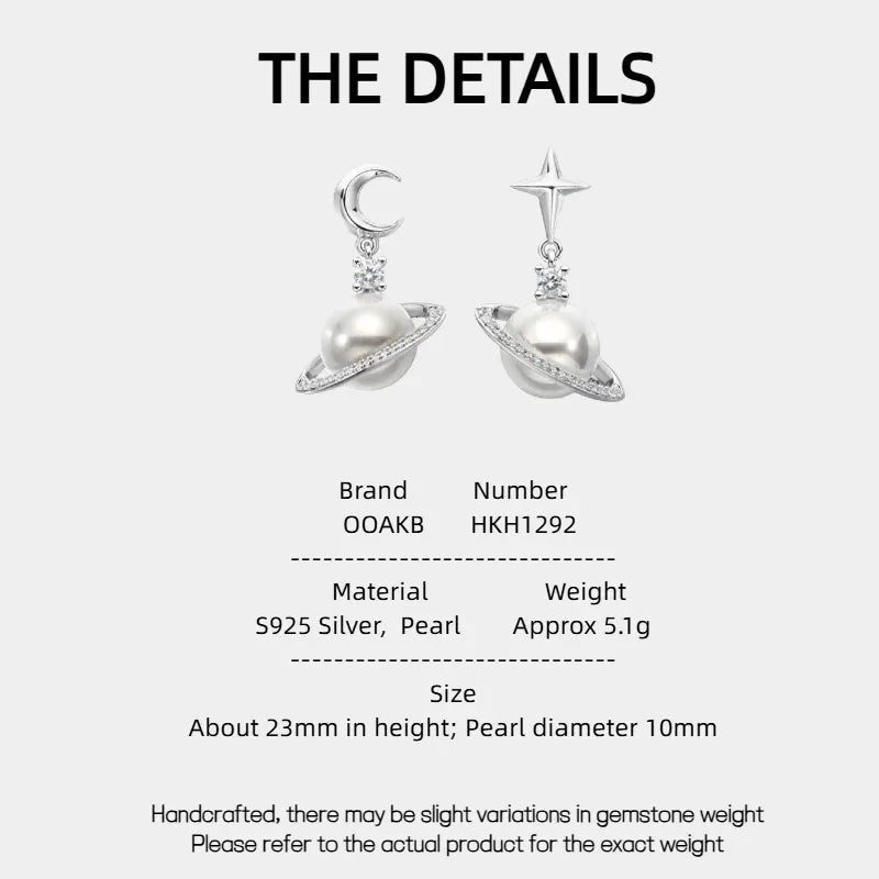 Moon and Star Pearl Planet Drop Earrings — specification card with material and size details