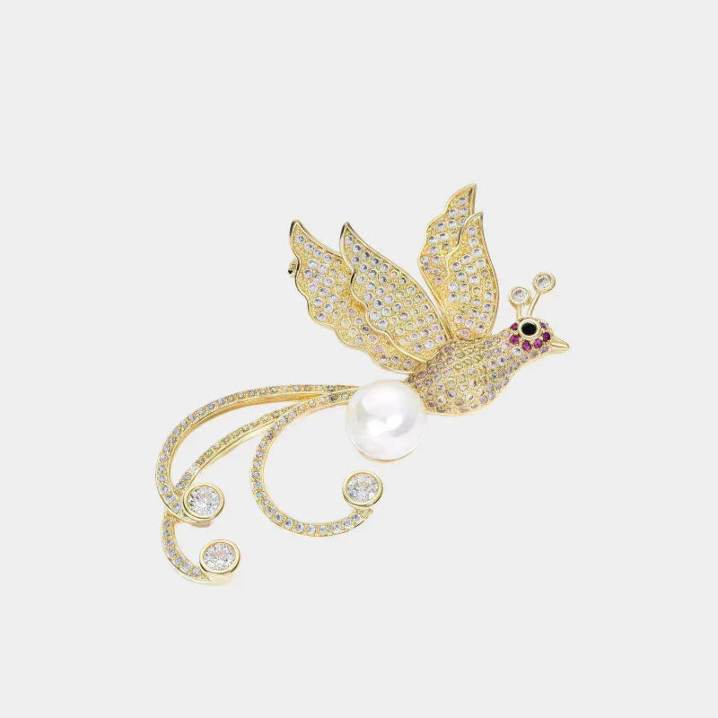 Pearl Phoenix Brooch — front view of gold-tone phoenix brooch