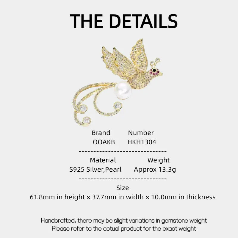 Pearl Phoenix Brooch — specification card with material and size details