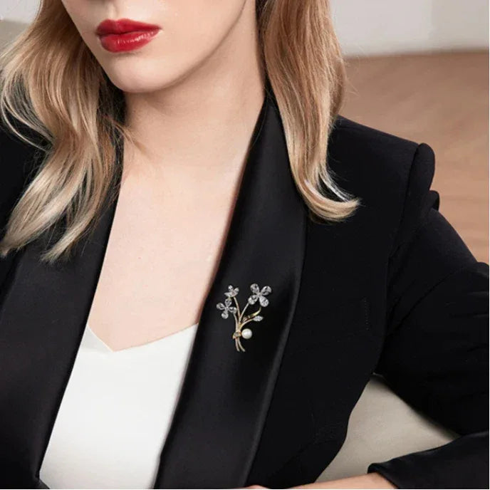 Pearl Floral Branch Brooch — second blazer-worn portrait from another angle