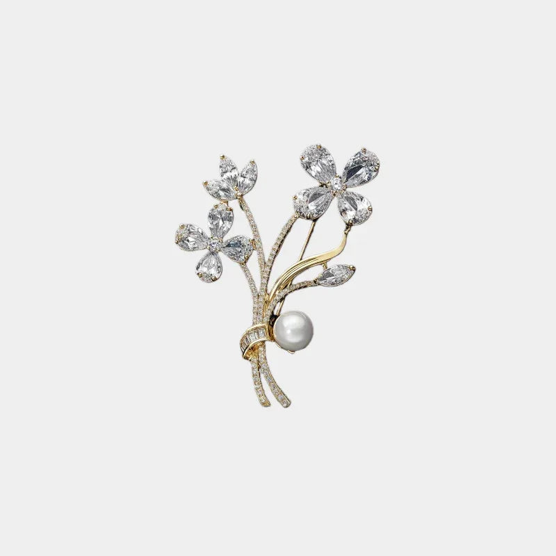 Pearl Floral Branch Brooch — front view of two-tone floral branch brooch
