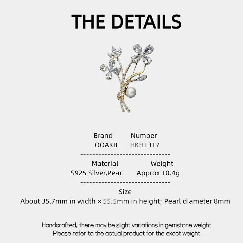 Pearl Floral Branch Brooch — specification card with material and size details