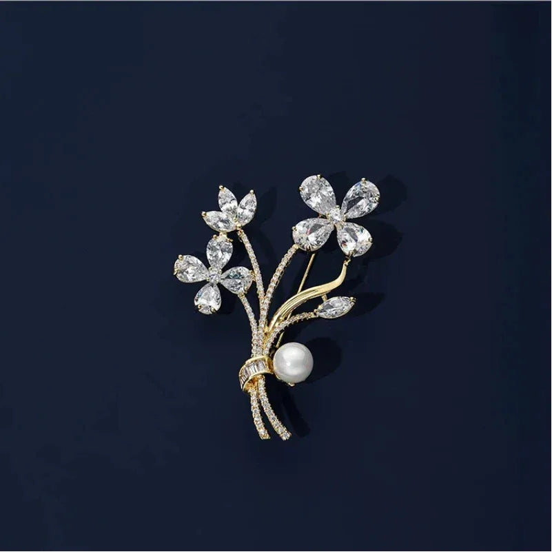 Pearl Floral Branch Brooch — front product view on a dark background