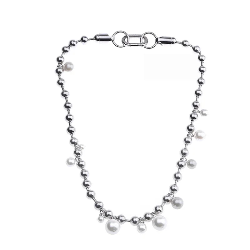 Steel Chain Necklace with Pearl Drops — alternate isolated full necklace view