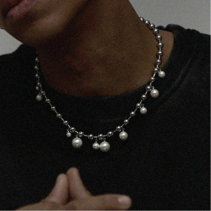 Steel Chain Necklace with Pearl Drops — alternate neckline-worn view with the pearl drops centered