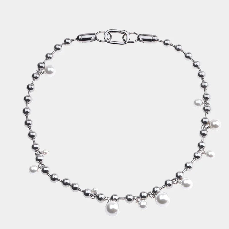 Steel Chain Necklace with Pearl Drops — front view of steel chain necklace with spaced pearl drops