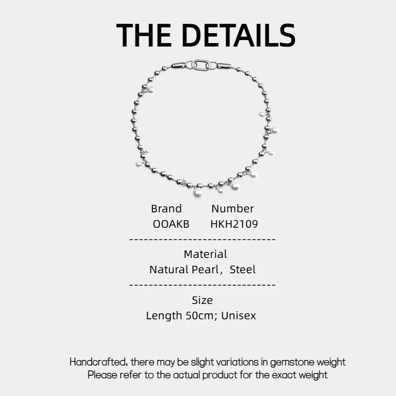 Steel Chain Necklace with Pearl Drops — specification card with material and size details