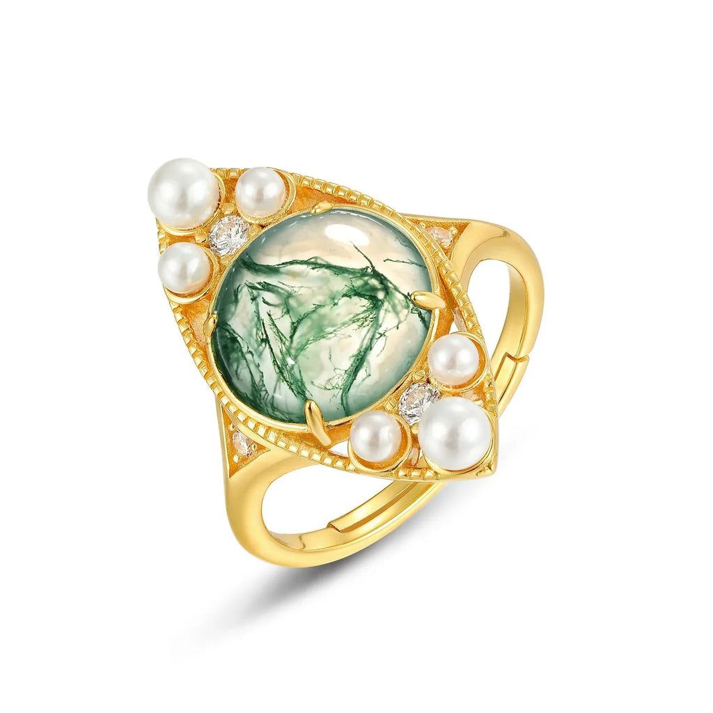 Pearl Trimmed Diamond Shape Moss Agate Open Ring — angled product view 5