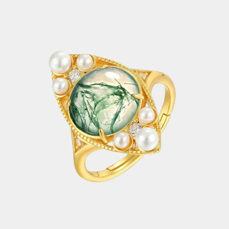 Pearl Trimmed Diamond Shape Moss Agate Open Ring — front product view on a light background