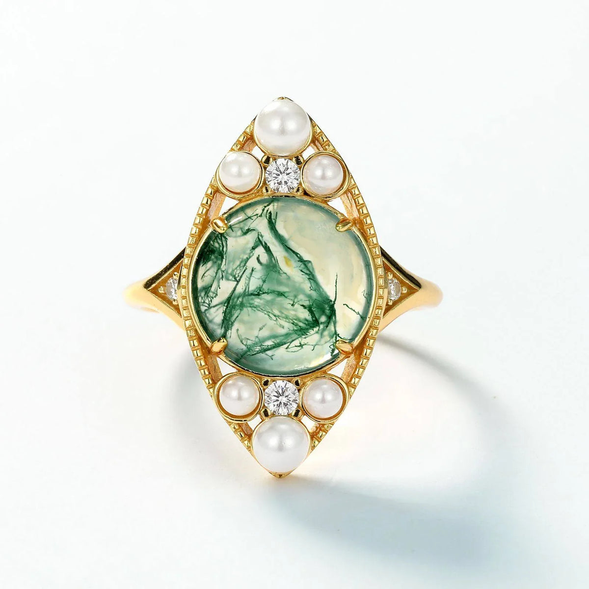 Pearl Trimmed Diamond Shape Moss Agate Open Ring — front setting detail 3