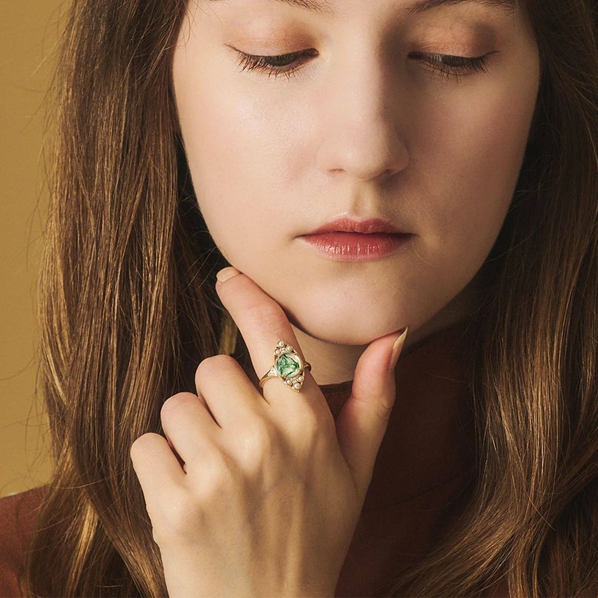 Pearl Trimmed Diamond Shape Moss Agate Open Ring — hand-worn scale view 2