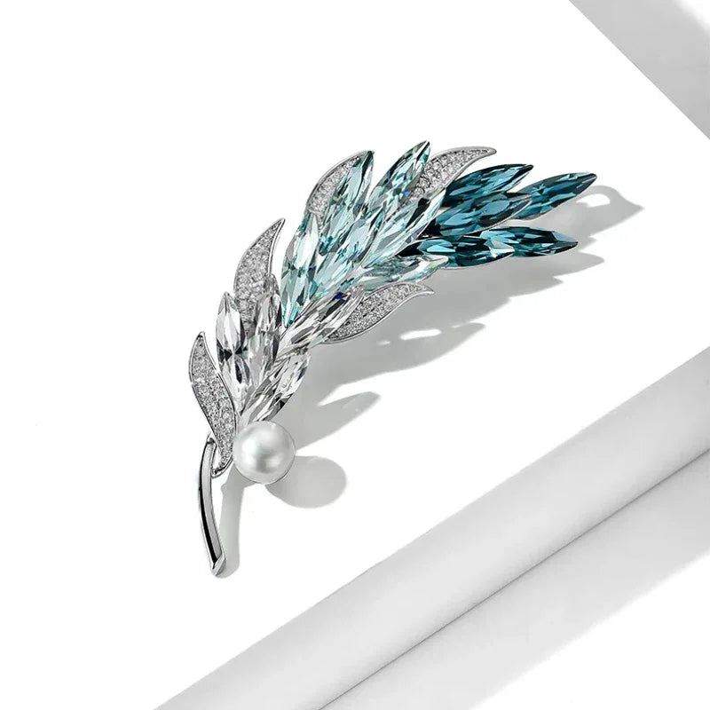 Blue Wheat Sprig Pearl Brooch — alternate angled view showing the blue and silver leaves