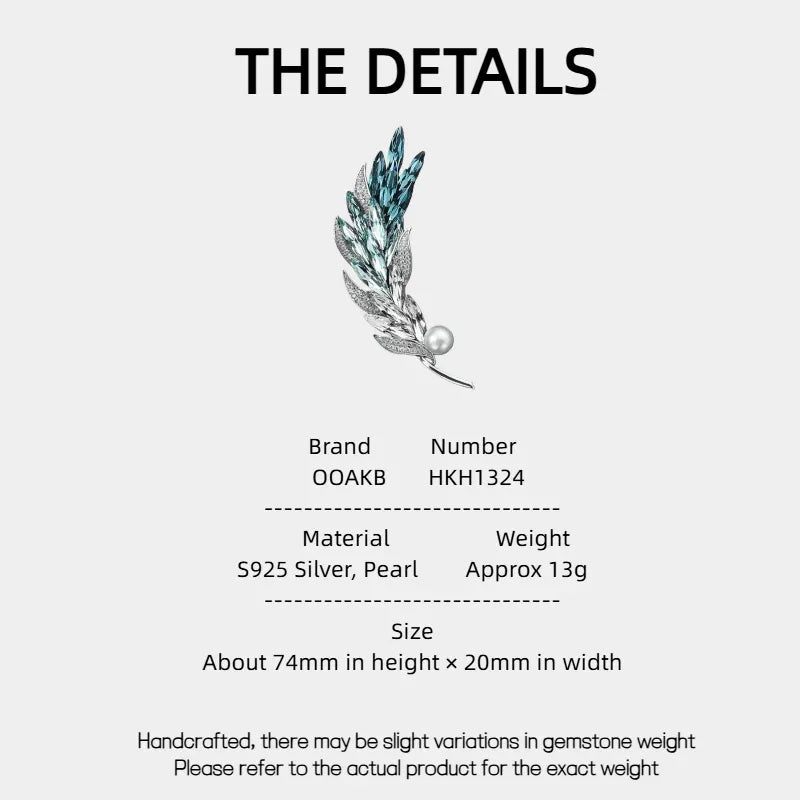 Blue Wheat Sprig Pearl Brooch — specification card with material and size details