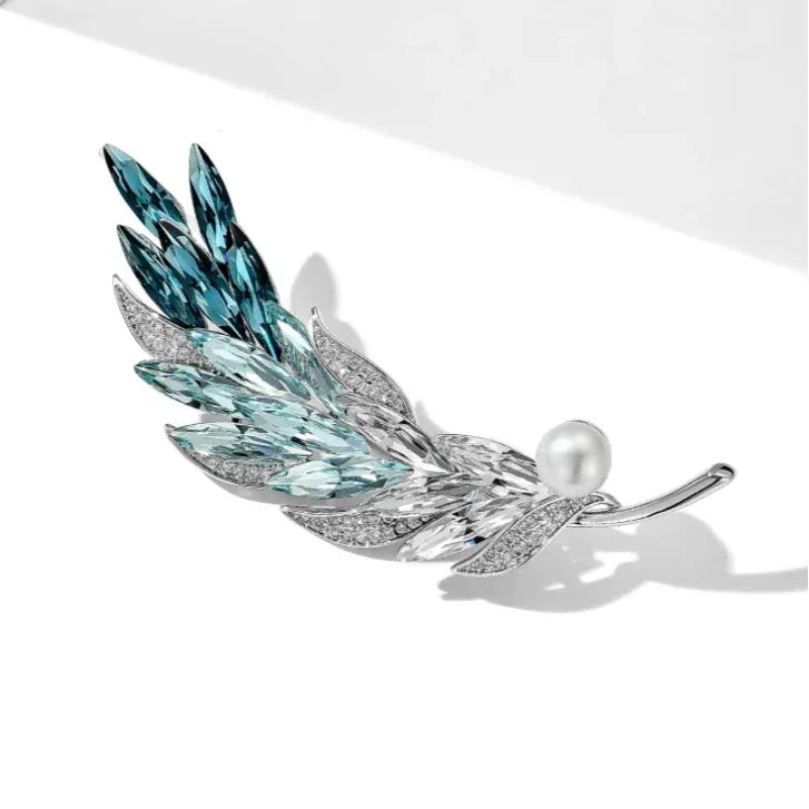 Blue Wheat Sprig Pearl Brooch — angled product view on white showing the pearl at the stem base