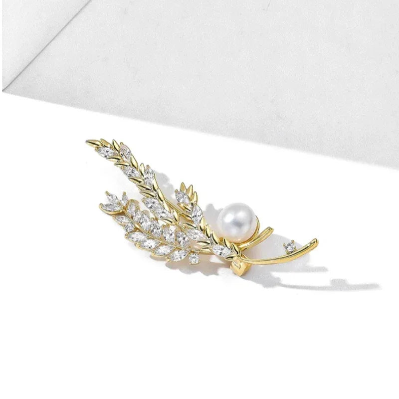 Pearl Wheat Sprig Brooch — angled product view on white showing design and scale