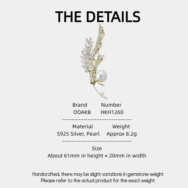 Pearl Wheat Sprig Brooch — specification card with material and size details