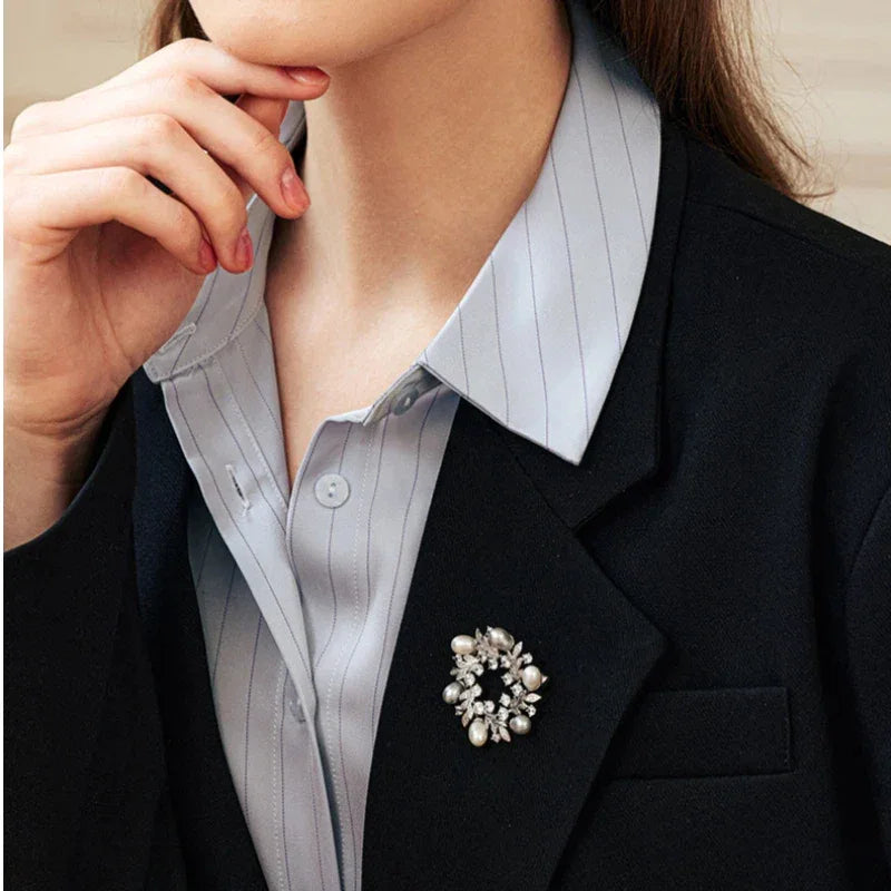 Pearl and Cubic Zirconia Olive Leaf Wreath Brooch — third blazer-worn portrait
