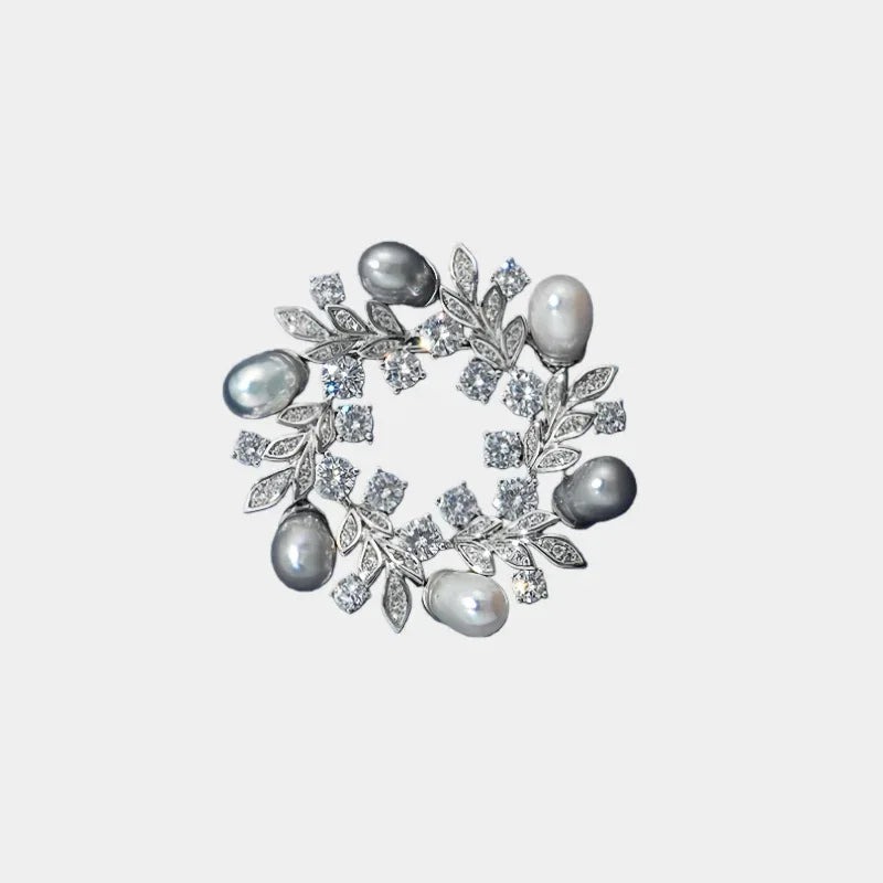 Pearl and Cubic Zirconia Olive Leaf Wreath Brooch — front view of pearl wreath brooch