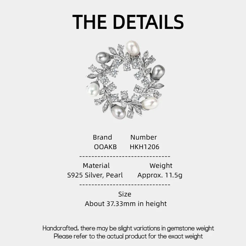 Pearl and Cubic Zirconia Olive Leaf Wreath Brooch — specification card with material and size details