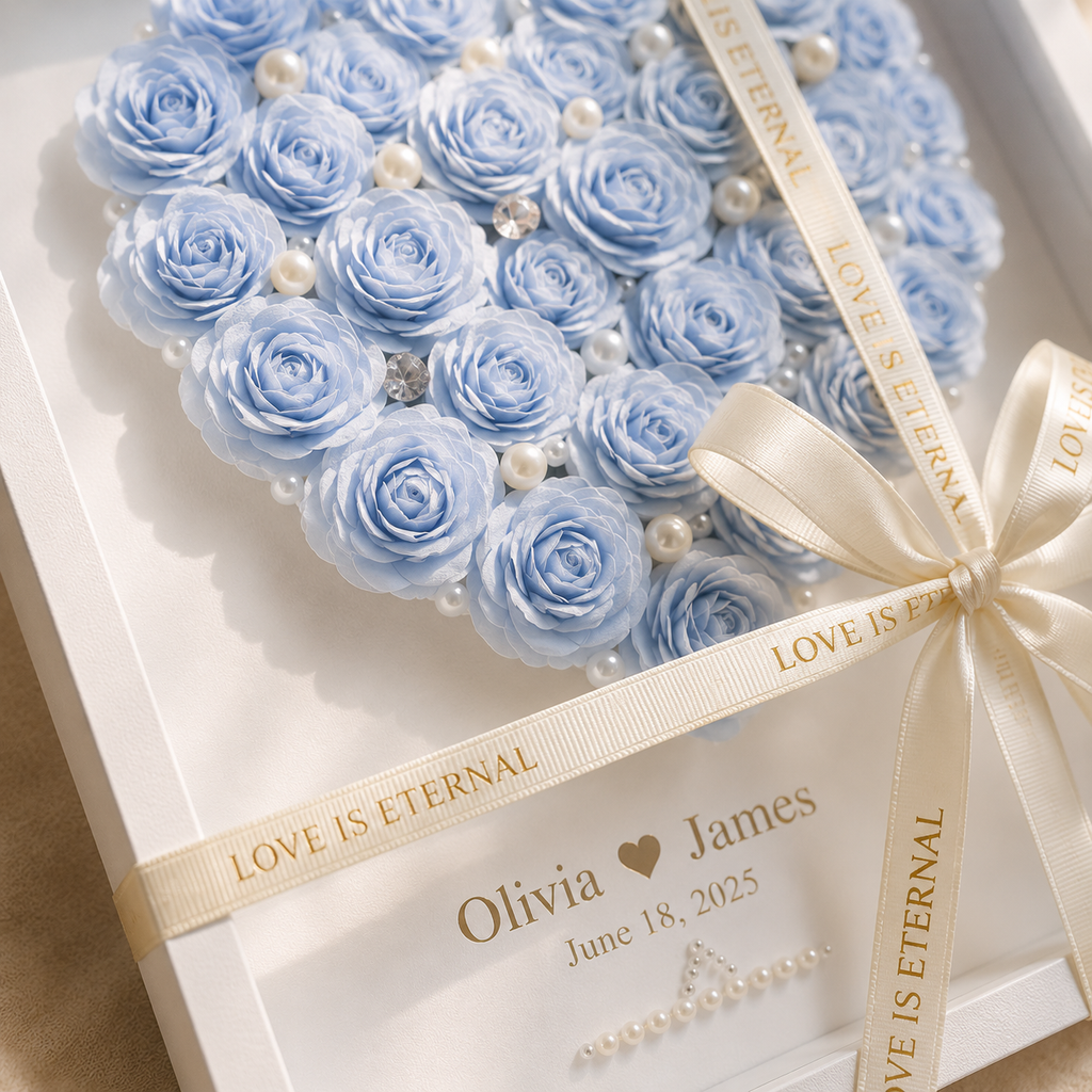 Personalized blue paper rose heart shadow box showing full product view with cream satin ribbon bow gold Love Is Eternal