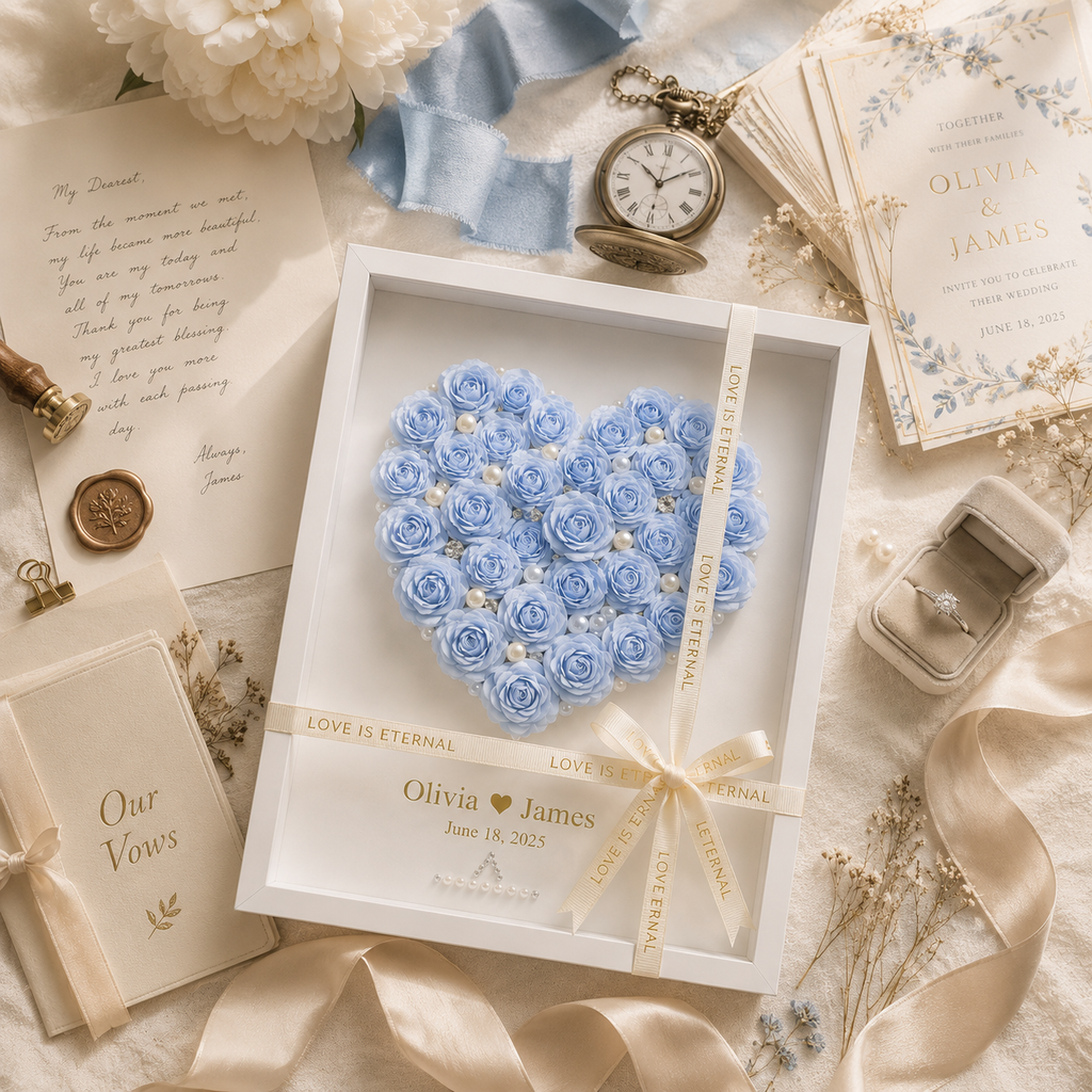 Close-up detail of handcrafted blue paper rose heart shadow box showing individually rolled dusty blue roses ivory pearl