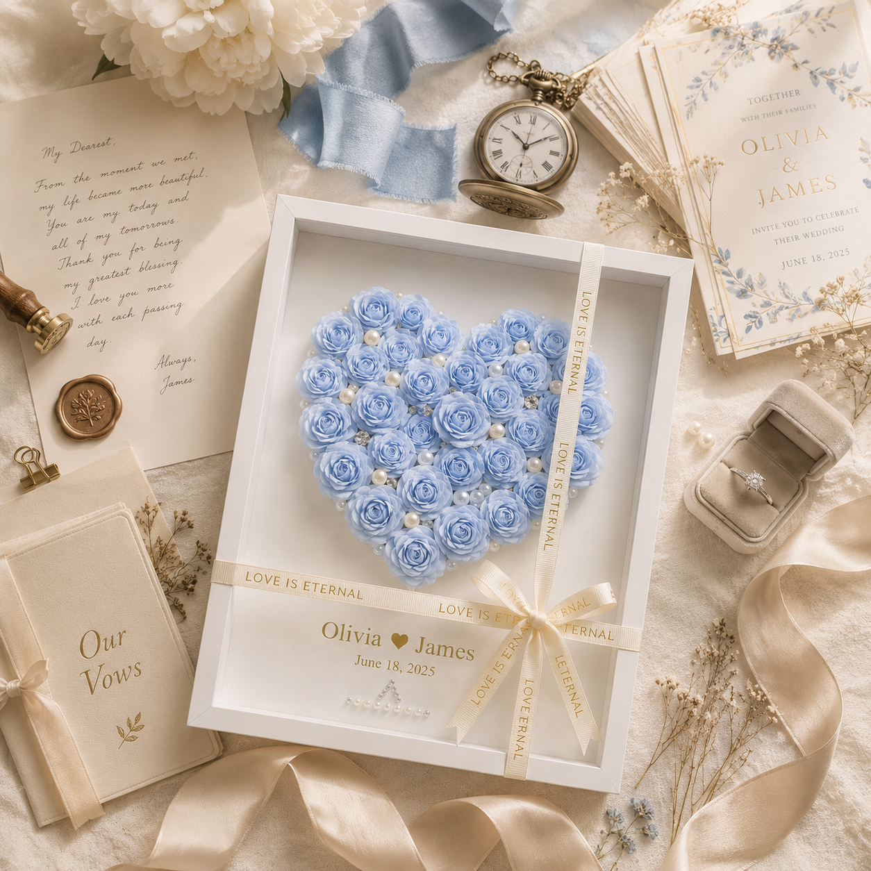 Close-up detail of handcrafted blue paper rose heart shadow box showing individually rolled dusty blue roses ivory pearl