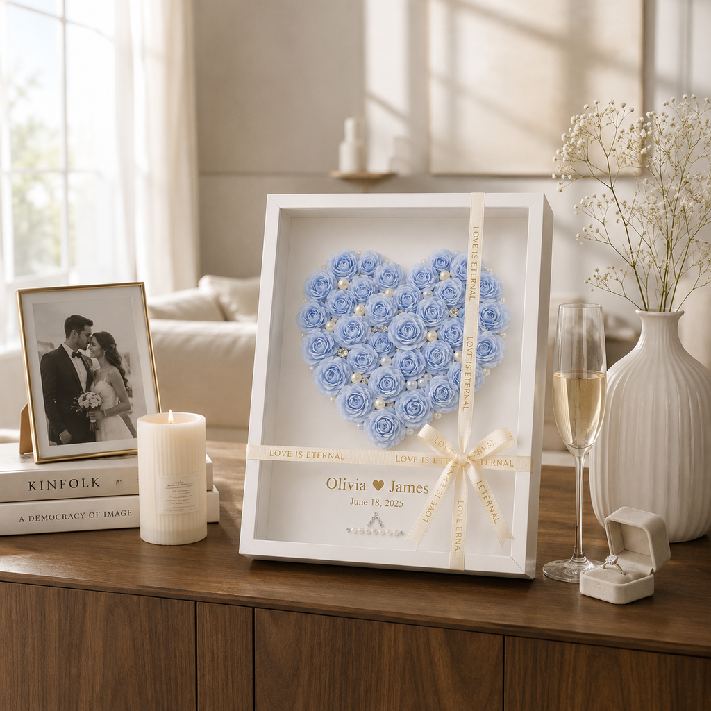 Romantic lifestyle flat lay of personalized blue paper rose heart shadow box surrounded by handwritten love letter vow