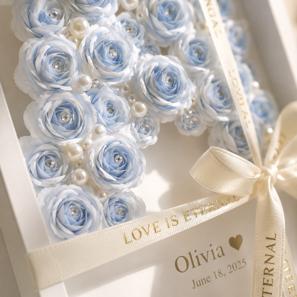 Personalized Blue Paper Rose Monogram Shadow Box 1st Anniversary Gift, styled product view