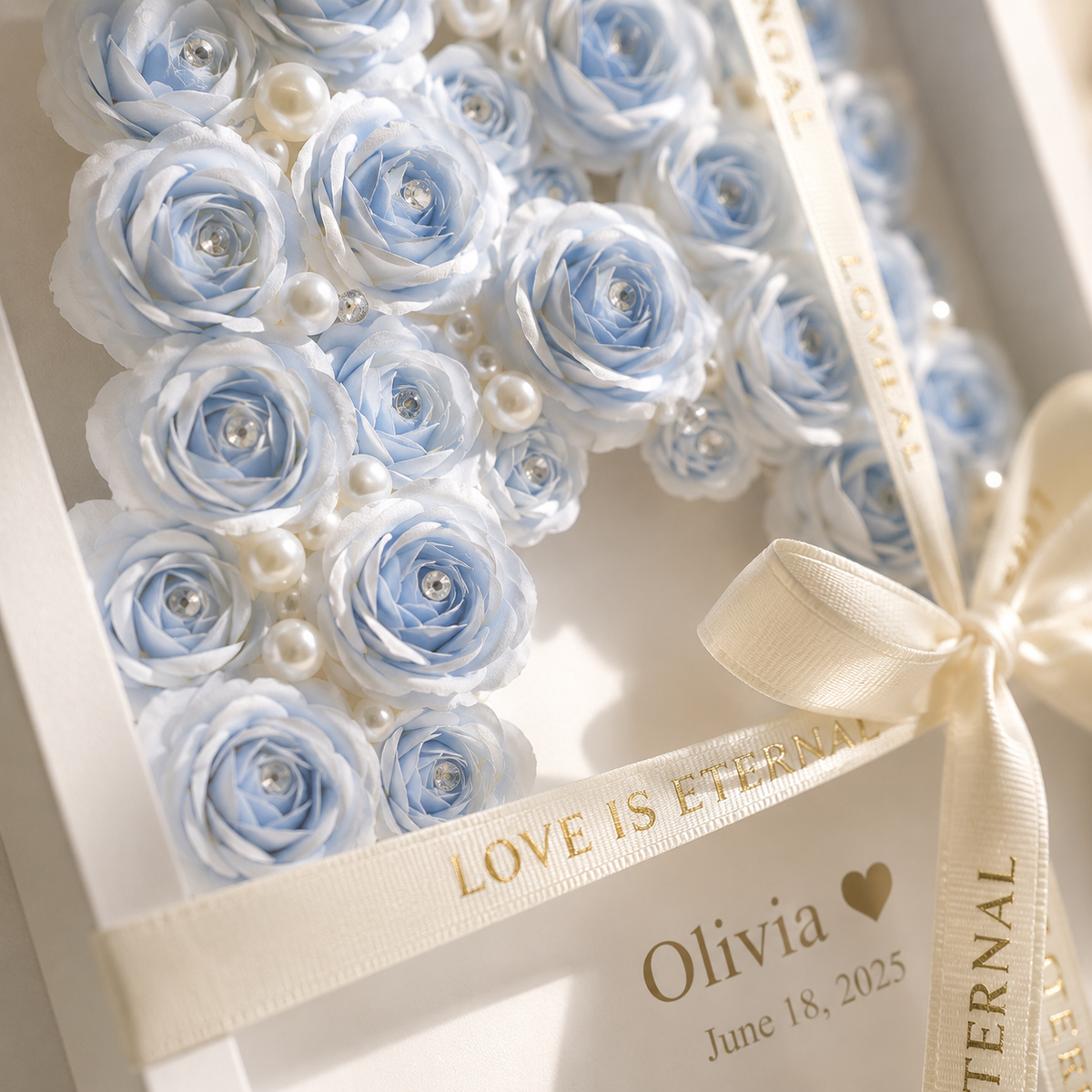 Personalized Blue Paper Rose Monogram Shadow Box 1st Anniversary Gift, styled product view