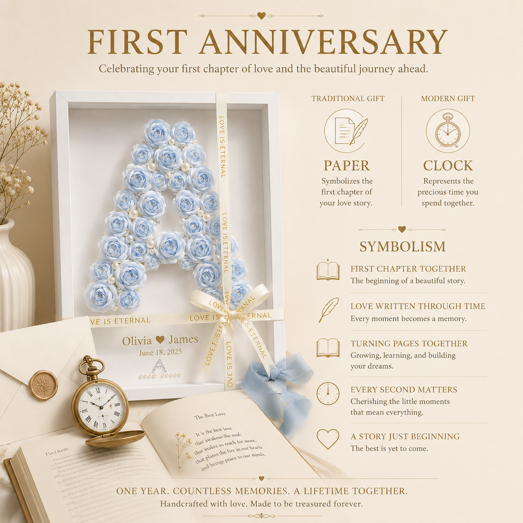 Personalized Blue Paper Rose Monogram Shadow Box 1st Anniversary Gift, size and feature guide
