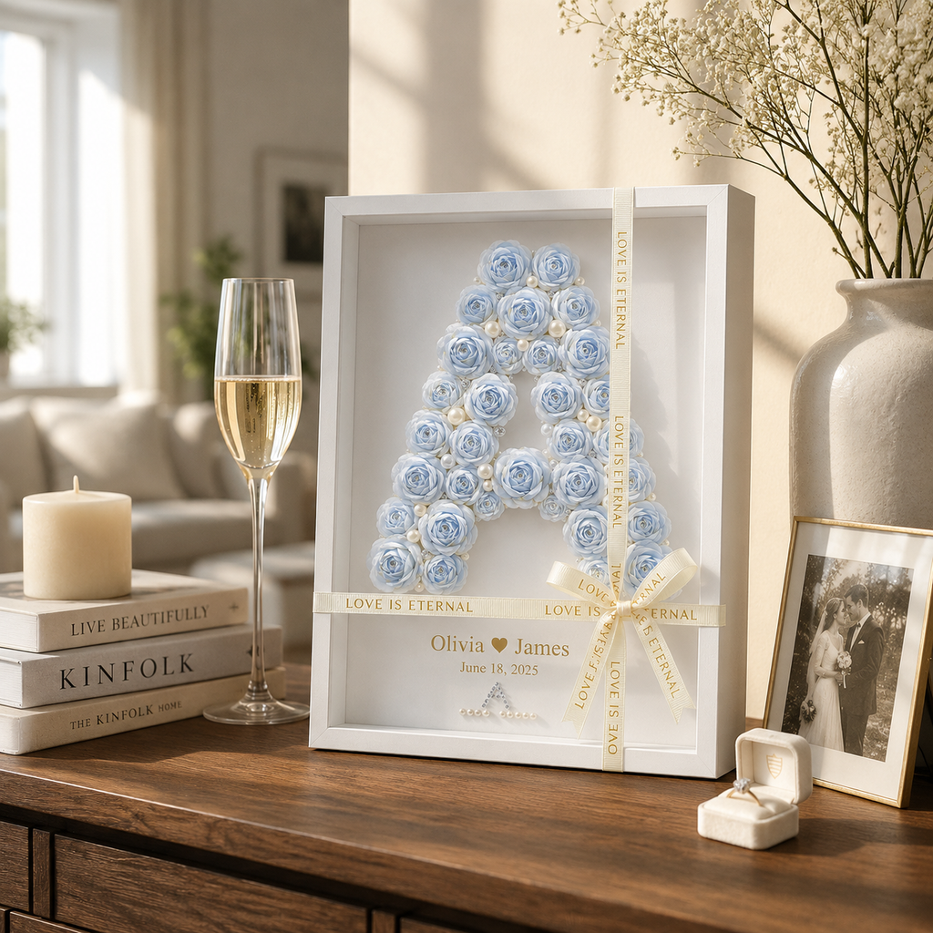 Personalized Blue Paper Rose Monogram Shadow Box 1st Anniversary Gift, lifestyle view