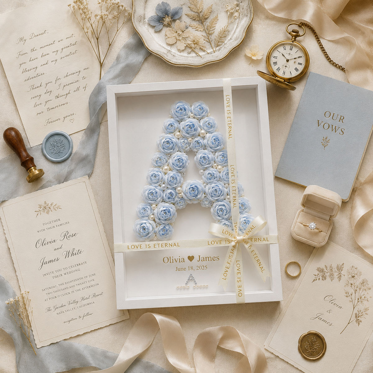 Personalized Blue Paper Rose Monogram Shadow Box 1st Anniversary Gift, craftsmanship details