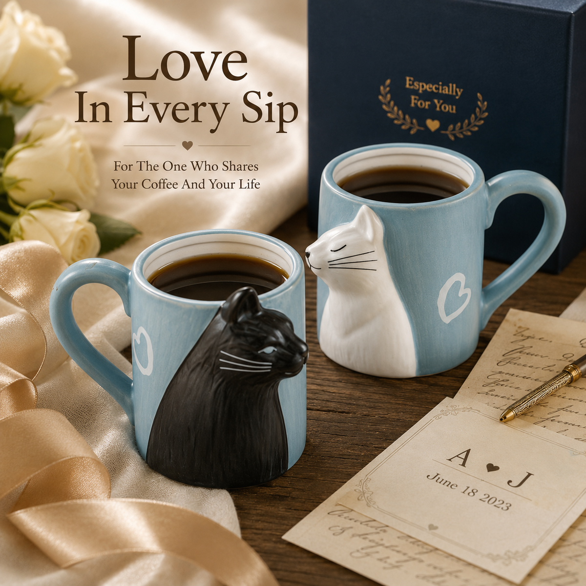 Personalized Cat Couple Ceramic Mug Set, product overview