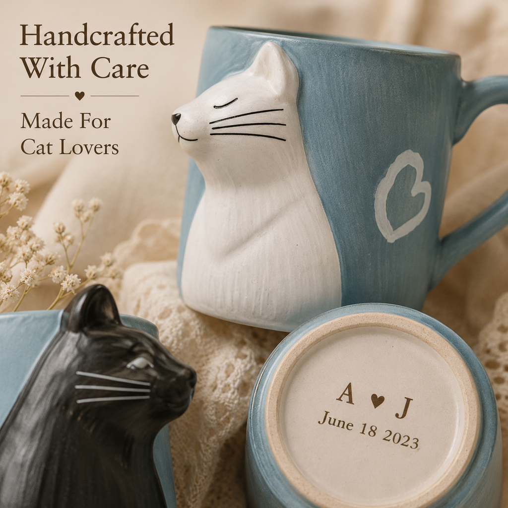 Personalized Cat Couple Ceramic Mug Set, styled product view