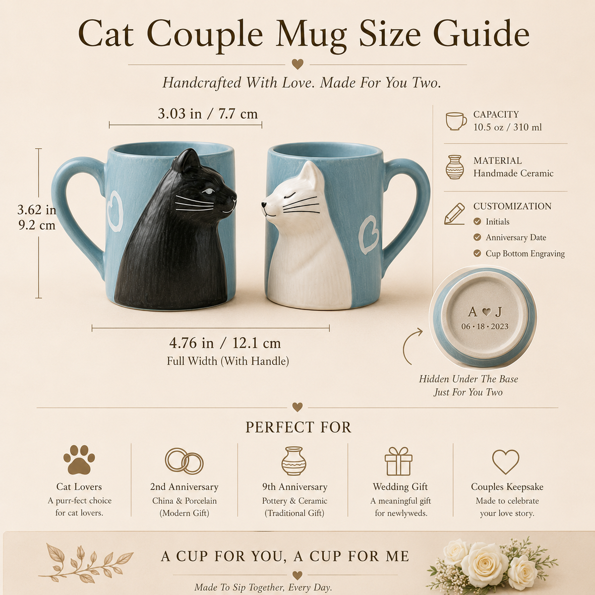Personalized Cat Couple Ceramic Mug Set, size and feature guide