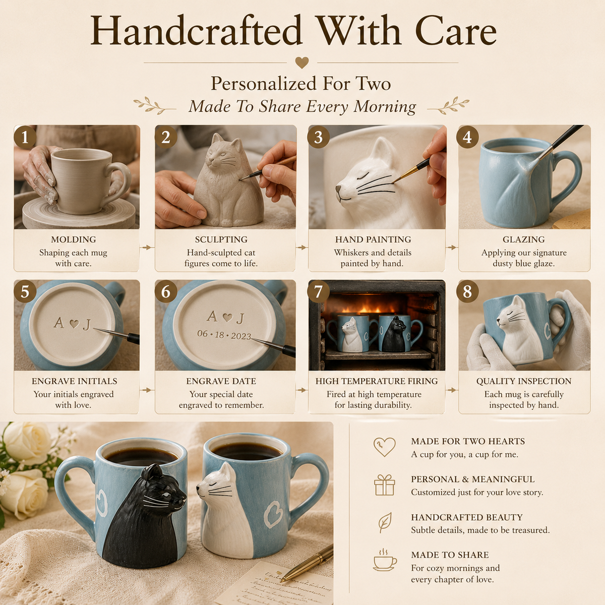 Personalized Cat Couple Ceramic Mug Set, product overview