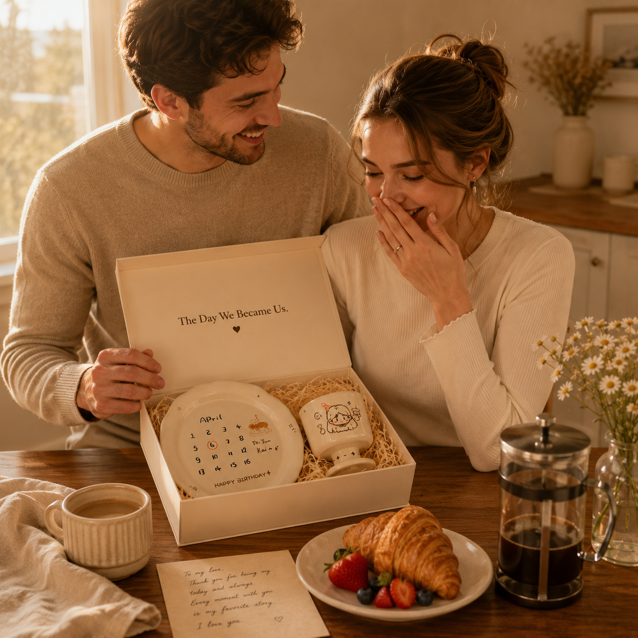 Personalized Ceramic Anniversary Breakfast Set, styled product view