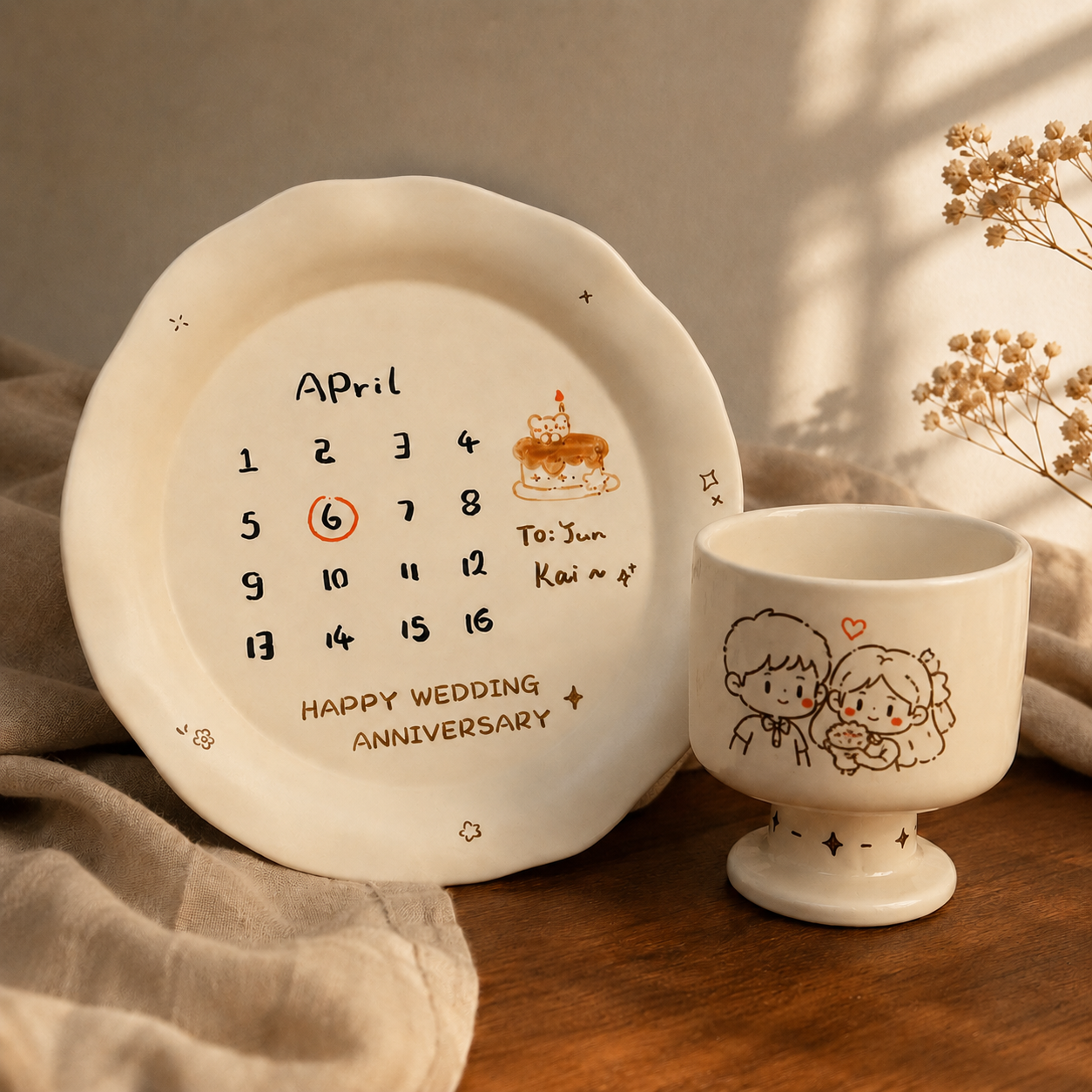 Personalized Ceramic Anniversary Breakfast Set, close-up detail