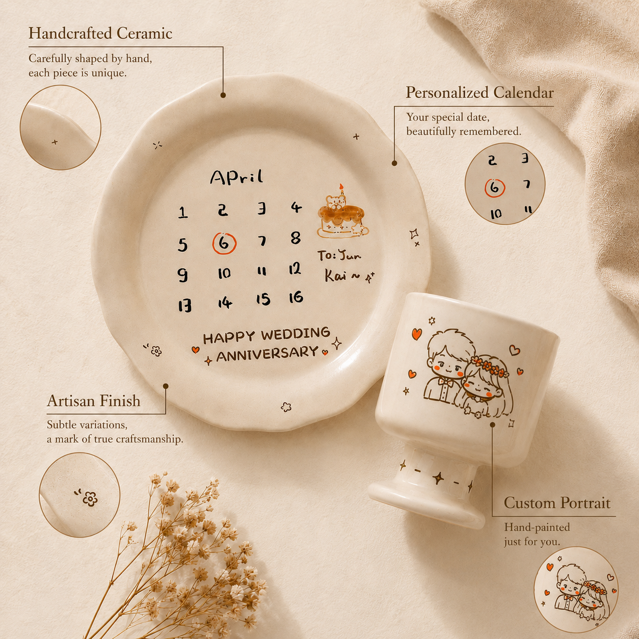 Personalized Ceramic Anniversary Breakfast Set, size and feature guide