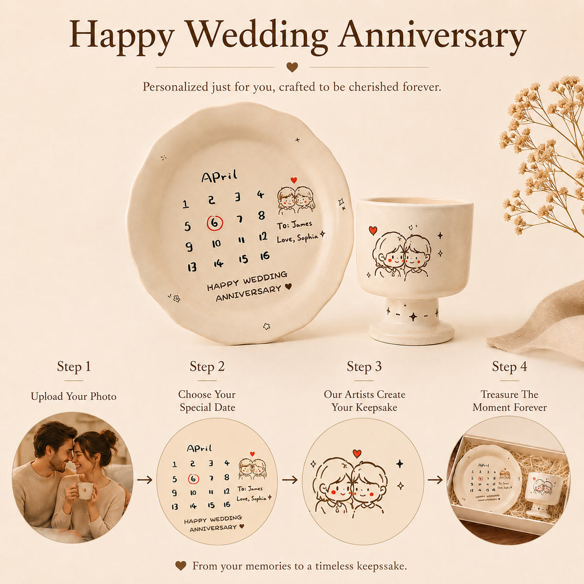 Personalized Ceramic Anniversary Breakfast Set, lifestyle view
