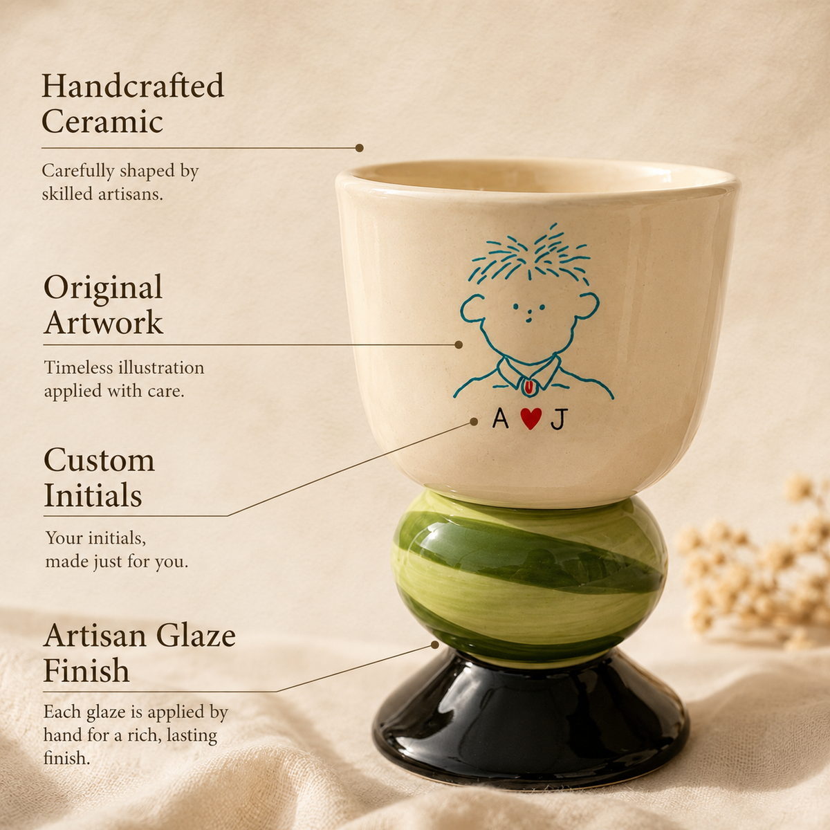 Personalized Ceramic Couple Goblet Set, close-up detail