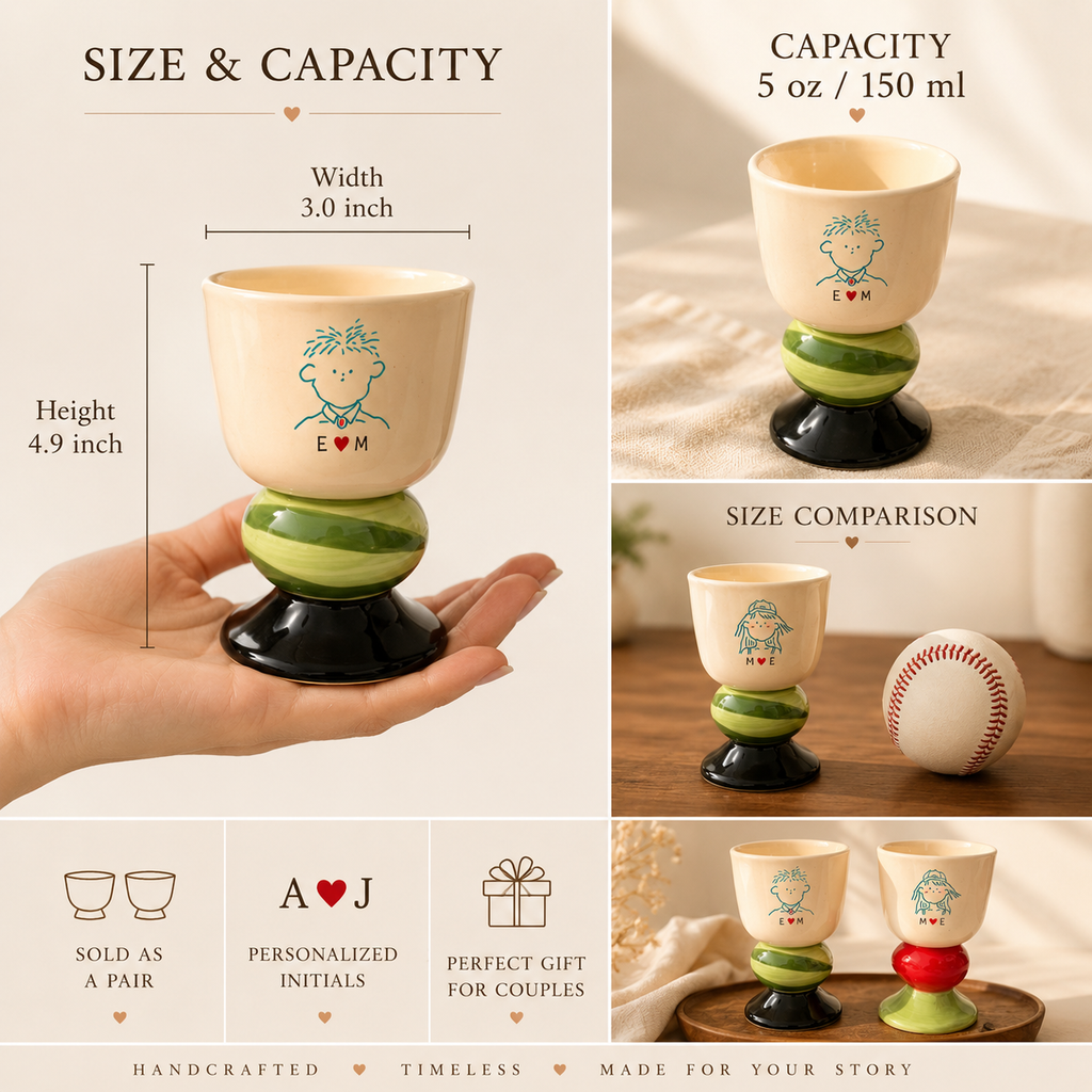 Personalized Ceramic Couple Goblet Set, size and feature guide