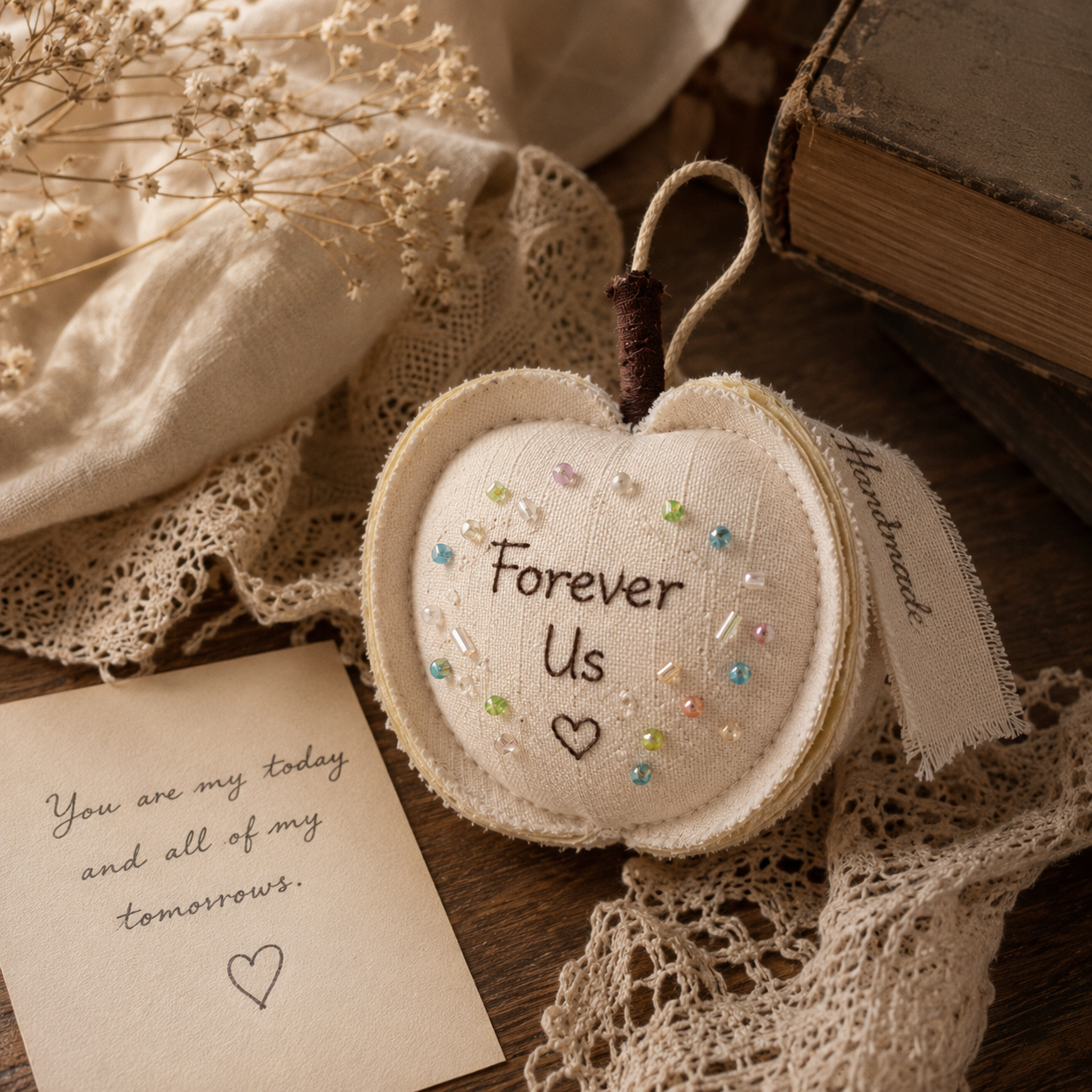 Personalized Cotton Linen Apple Ornament, close-up detail
