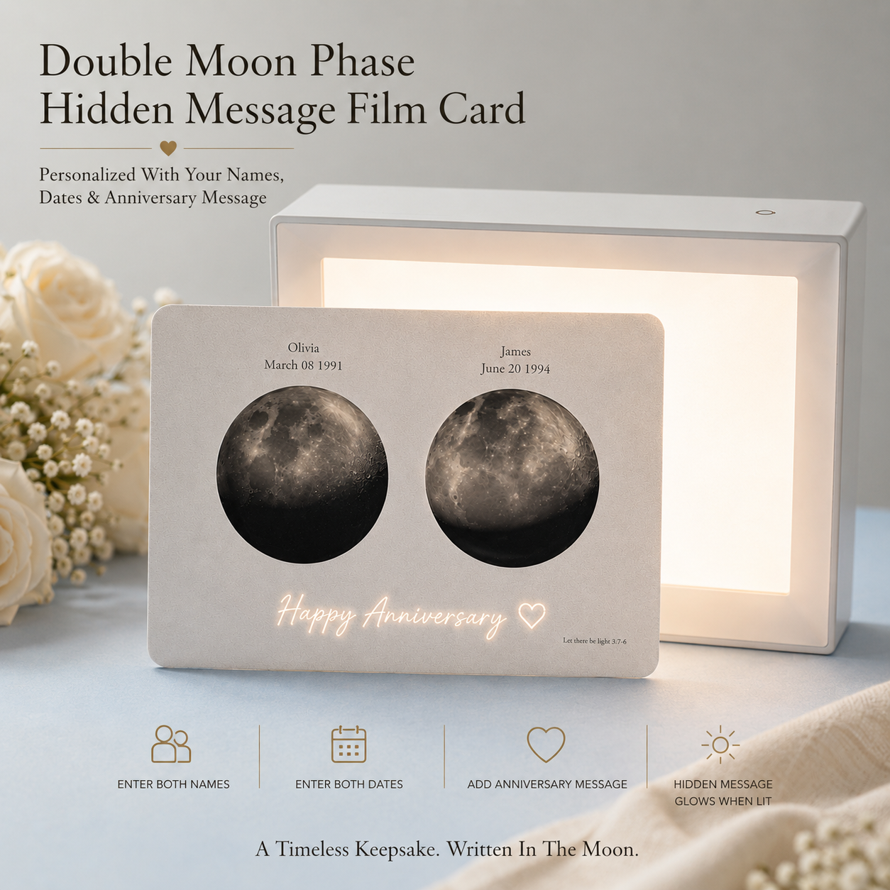 Double Moon Phase Hidden Message Film Card product main image showing personalized translucent film card with names