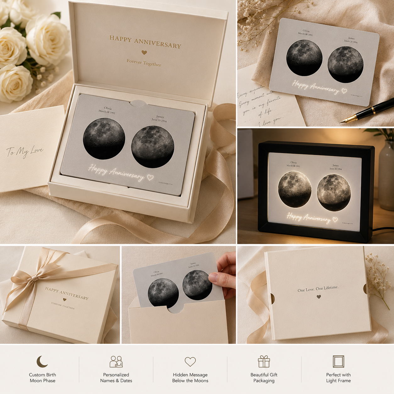 Personalized double moon phase hidden message film card gift set showing premium ivory gift box with Happy Anniversary