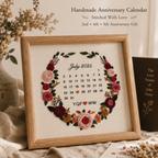 Personalized Embroidered Anniversary Calendar Frame – Handmade Floral Keepsake Gift, styled product scene with...